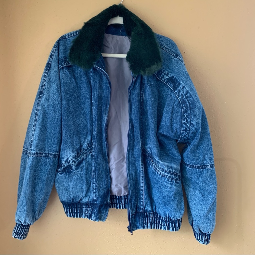 Vintage Denim Jacket with Green Collar